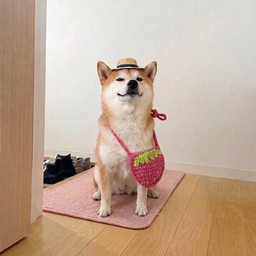 Momo wearing a sun hat and strawberry bag