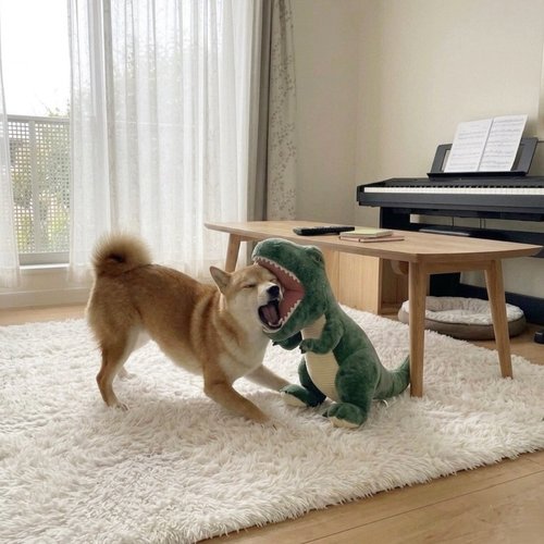 Momo play-fighting a dinosaur toy